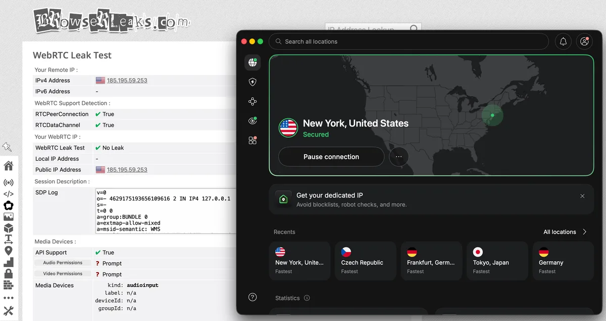 Captura de tela do resultado do teste de WebRTC no browserleaks.com: servidor da NordVPN em Nova York
