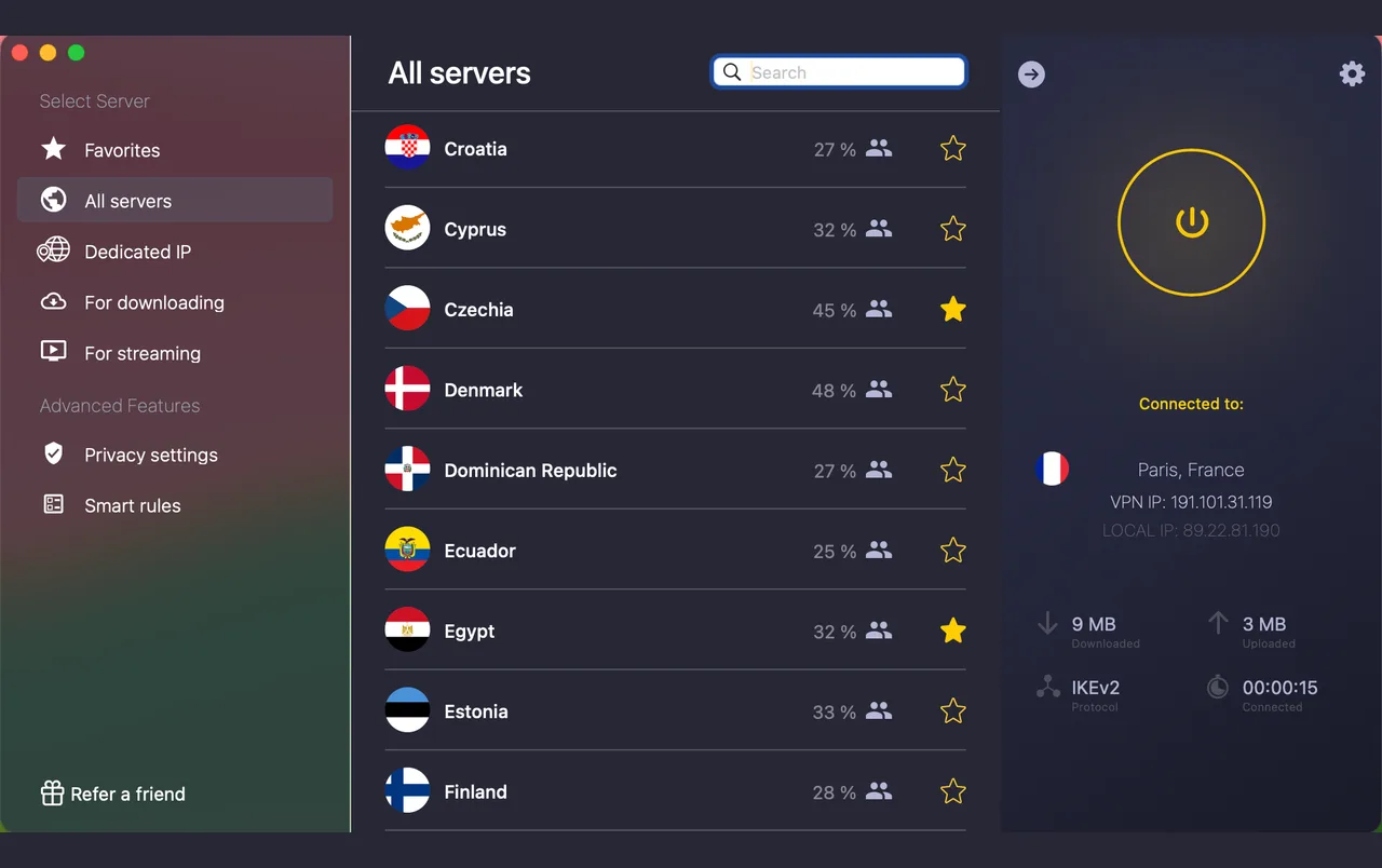 CyberGhost-Mac-App mit der europäischen Serverliste