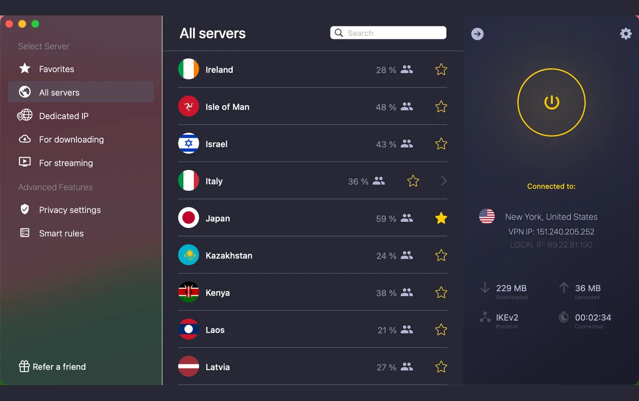 CyberGhost-Mac-App mit der vollständigen Serverliste