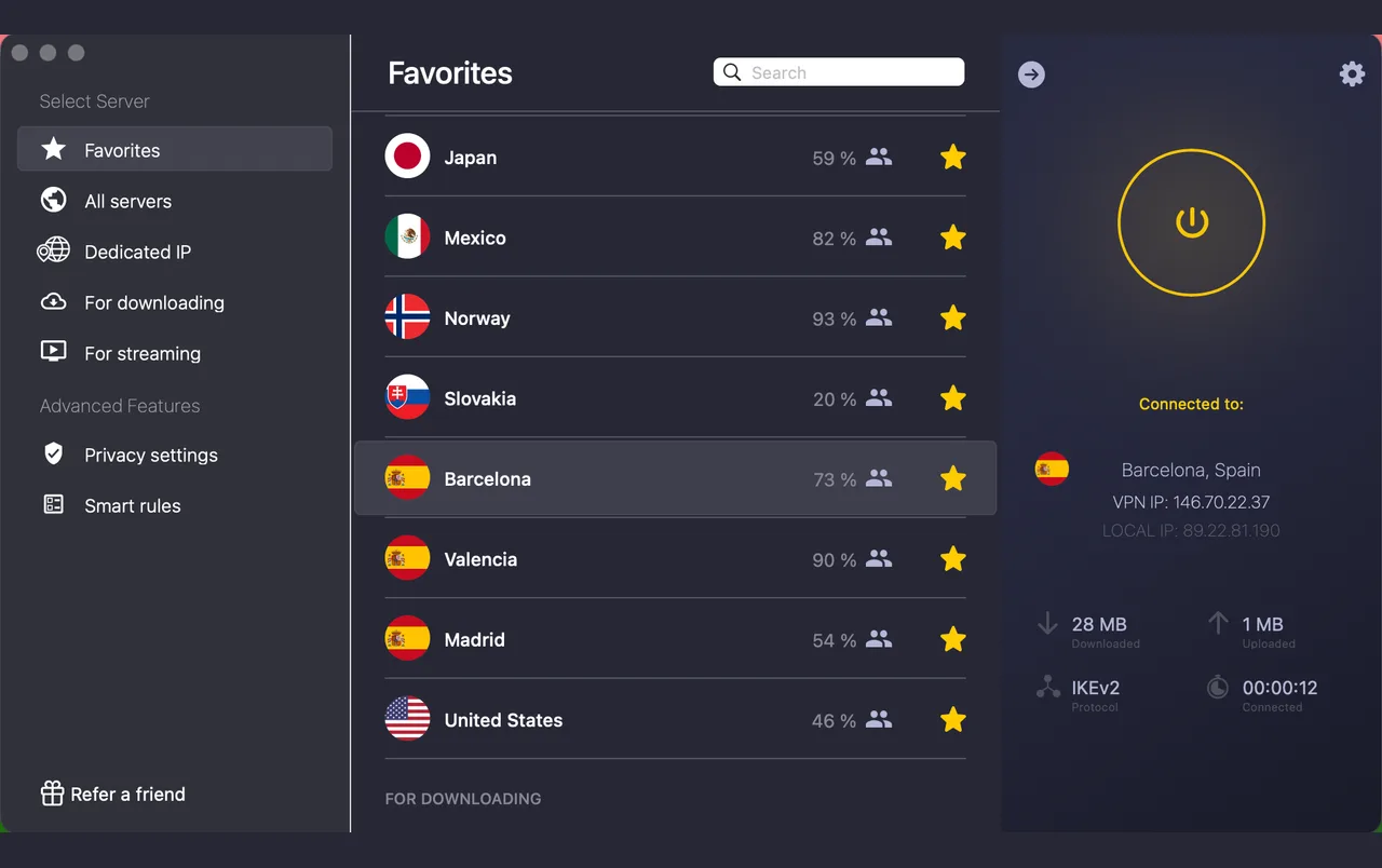 CyberGhost-Mac-App verbunden mit Barcelona, Spanien