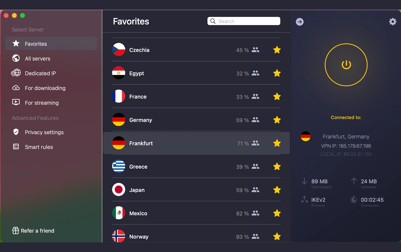 CyberGhost-Mac-App verbunden mit Frankfurt, Deutschland mit geöffneter Favoritenliste