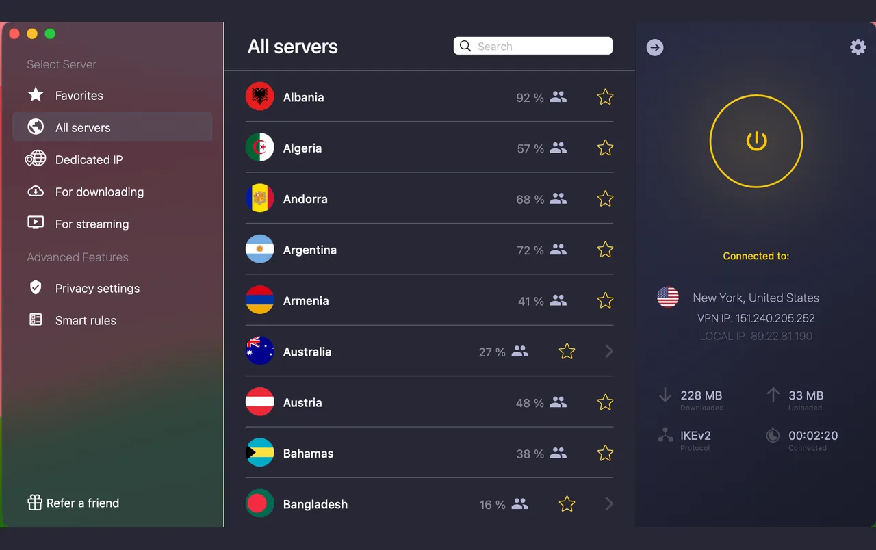 CyberGhost-Mac-App verbunden mit New York, Vereinigte Staaten