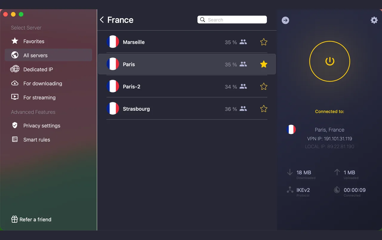 CyberGhost-Mac-App verbunden mit Paris, Frankreich mit französischen Stadt-Servern