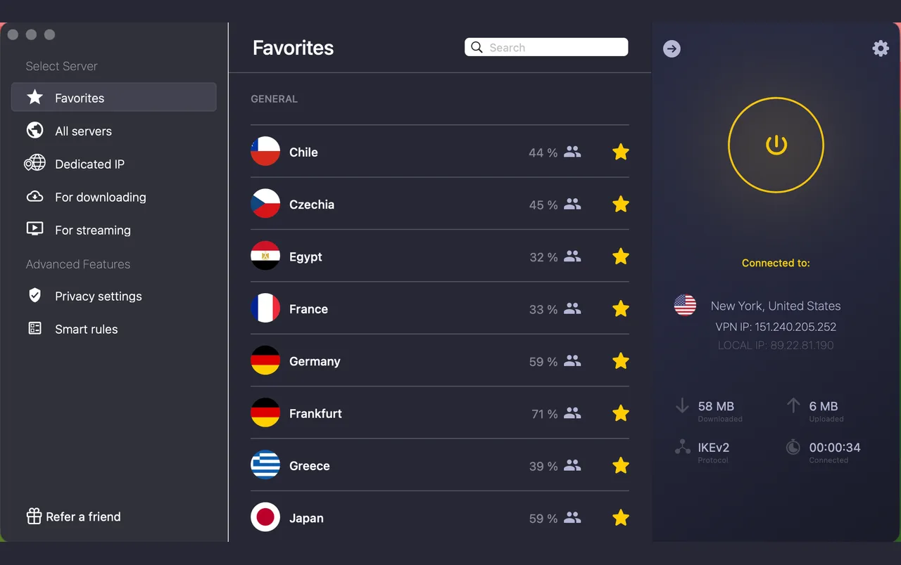 CyberGhost-Mac-App mit der Liste der Lieblingsserver
