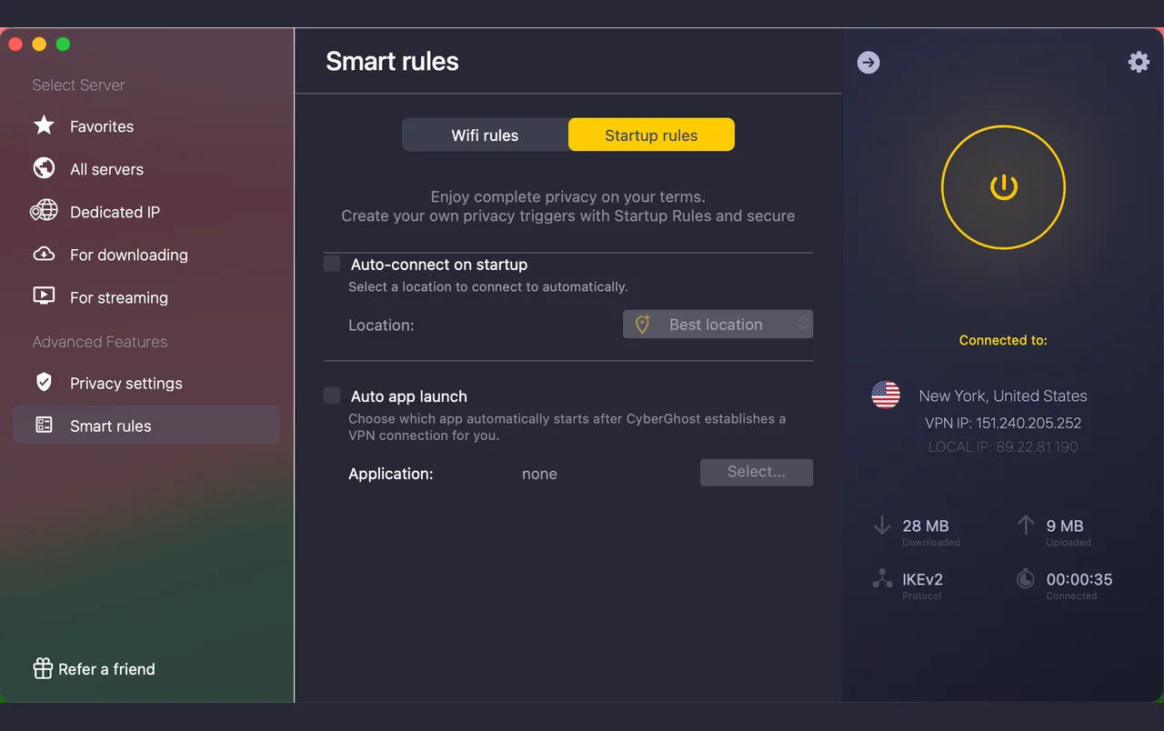 CyberGhost-Mac-App mit dem Smart-Rules-Autostart