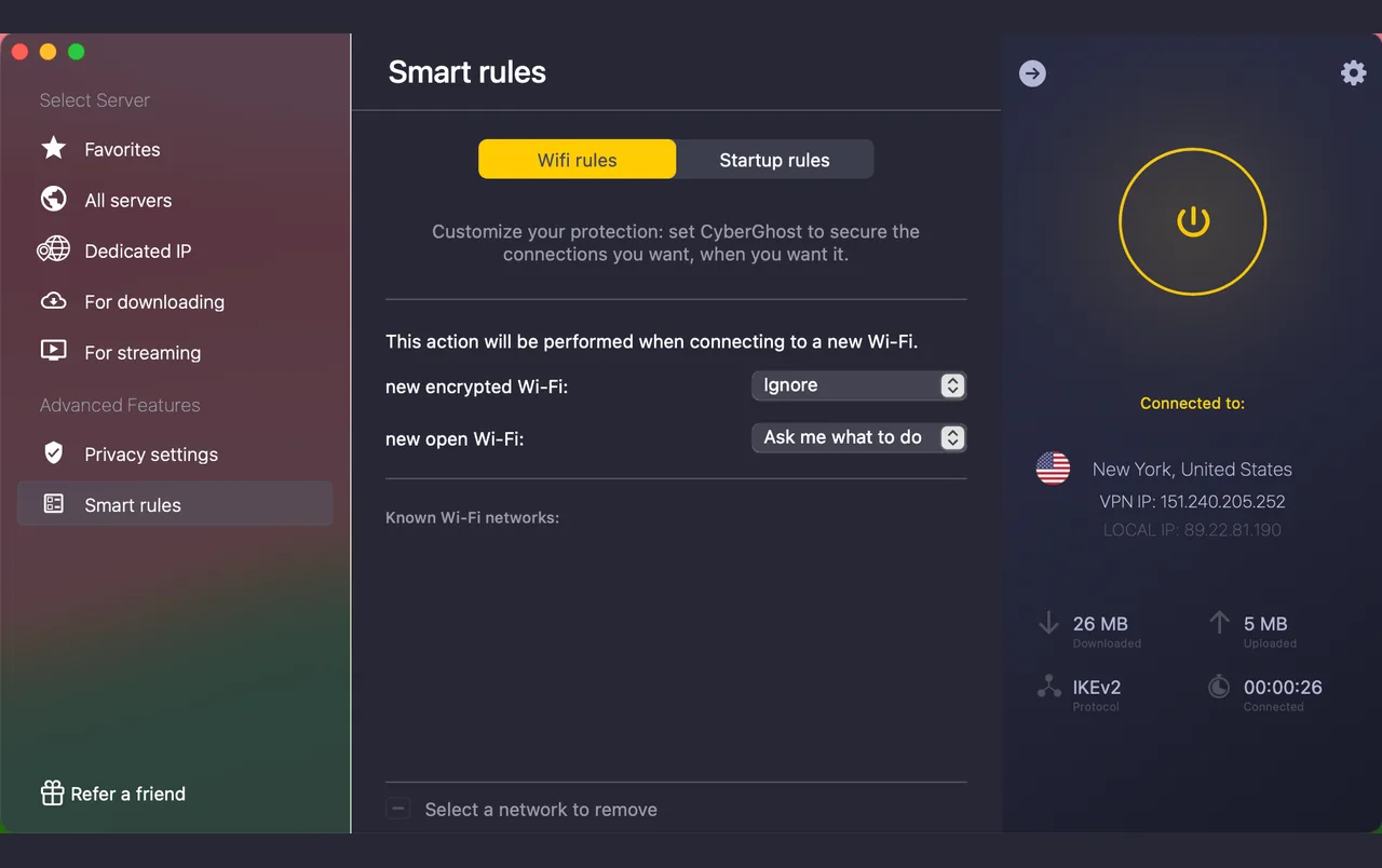 CyberGhost-Mac-App mit der Smart-Rules-WLAN-Automatisierung