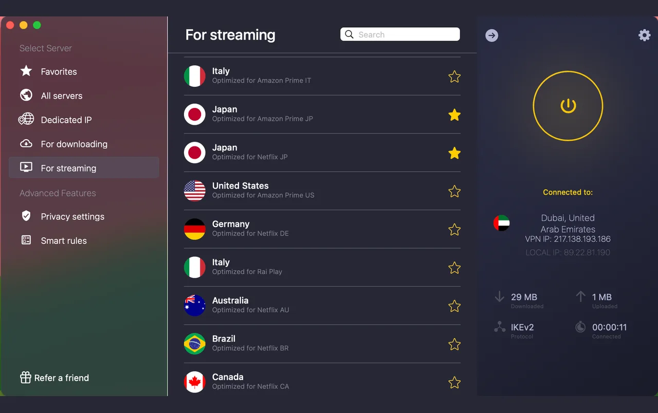 CyberGhost-Mac-App mit Streaming-Servern für Amazon Prime und Netflix