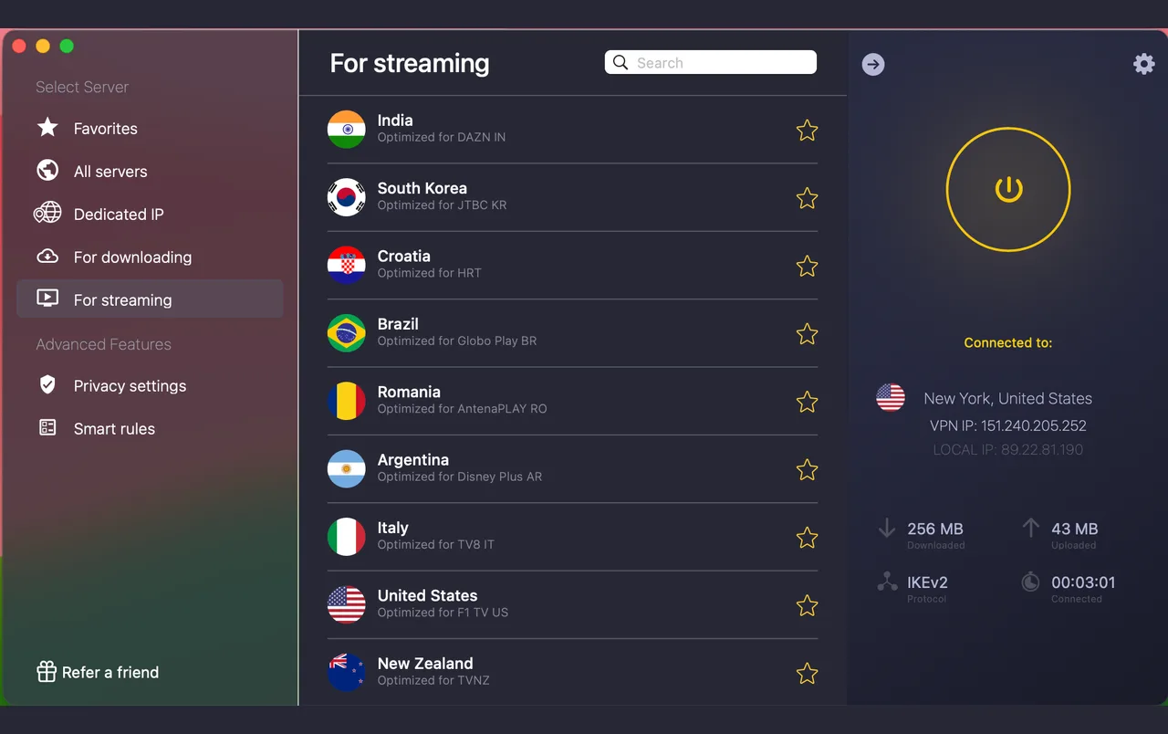 CyberGhost-Mac-App mit For-streaming-Servern für DAZN und F1 TV