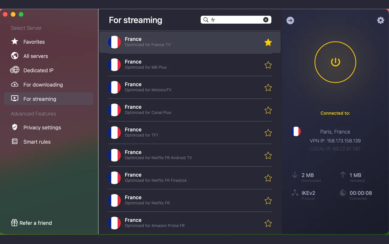 CyberGhost-Mac-App mit französischen Streaming-Servern für France TV, Canal+ und TF1