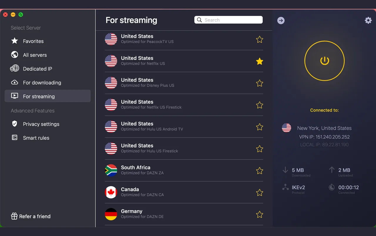 CyberGhost-Mac-App mit Streaming-Servern für Netflix, Peacock und Disney+