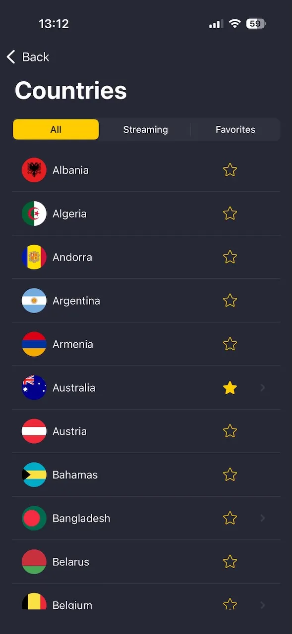 CyberGhost-iPhone-App mit der vollständigen Länder-Serverliste