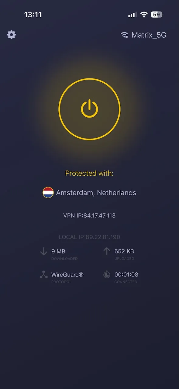 CyberGhost-iPhone-App verbunden mit einem Server in Amsterdam, Niederlande über WireGuard