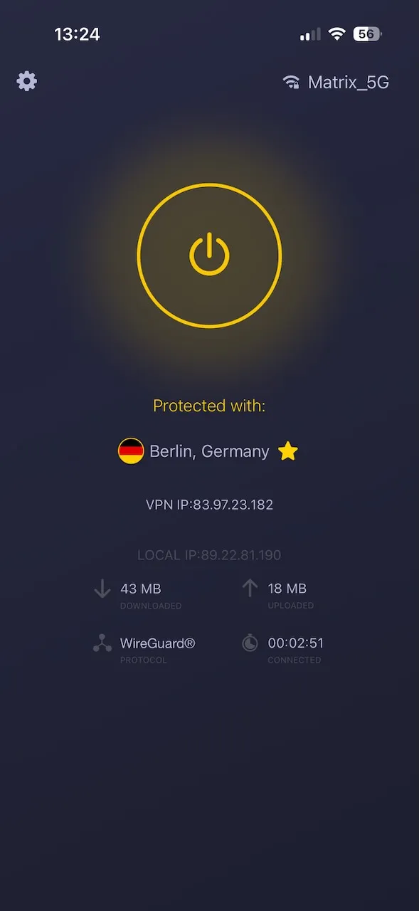 CyberGhost-iPhone-App verbunden mit Berlin, Deutschland über WireGuard