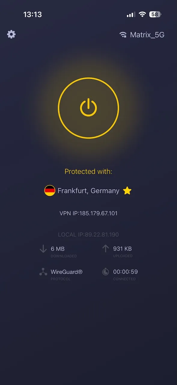 CyberGhost-iPhone-App verbunden mit Frankfurt, Deutschland