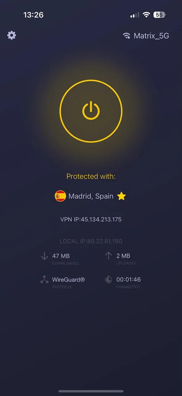 CyberGhost-iPhone-App verbunden mit Madrid, Spanien