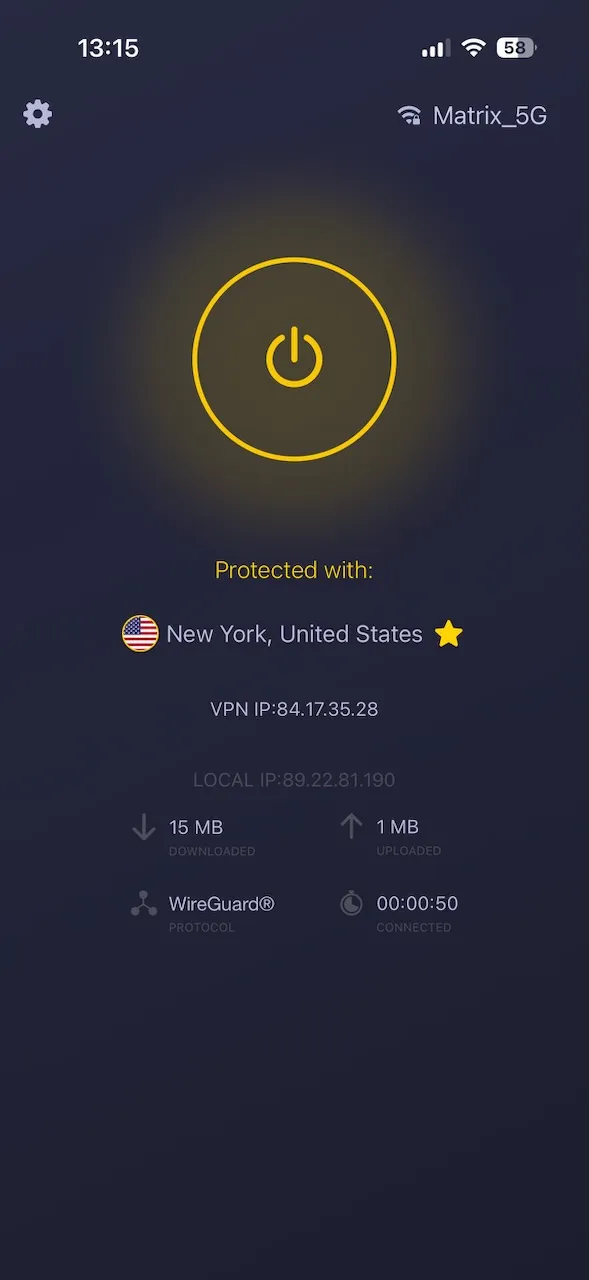 CyberGhost-iPhone-App verbunden mit New York, Vereinigte Staaten