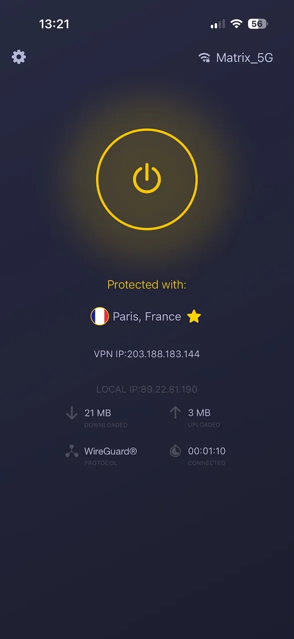 CyberGhost-iPhone-App verbunden mit Paris, Frankreich