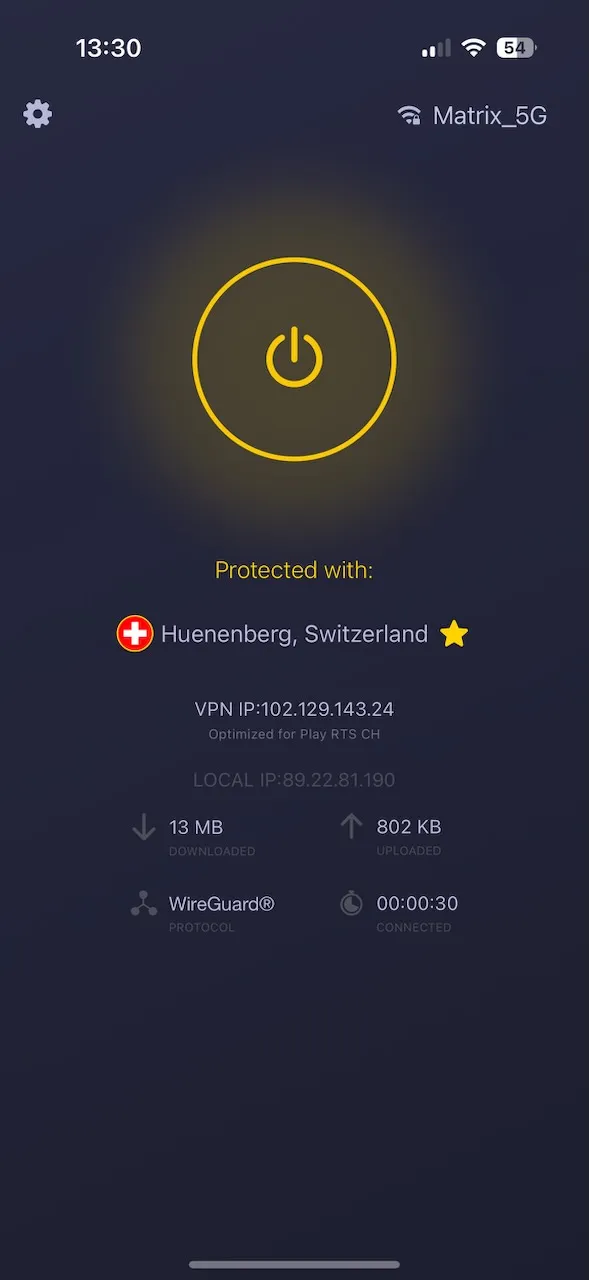 CyberGhost-iPhone-App verbunden mit einem Streaming-Server in der Schweiz für Play RTS