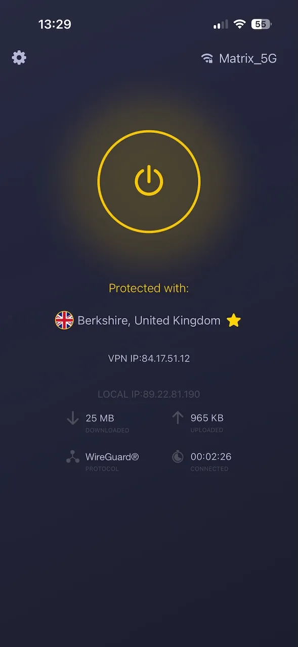 CyberGhost-iPhone-App verbunden mit einem Server im Vereinigten Königreich