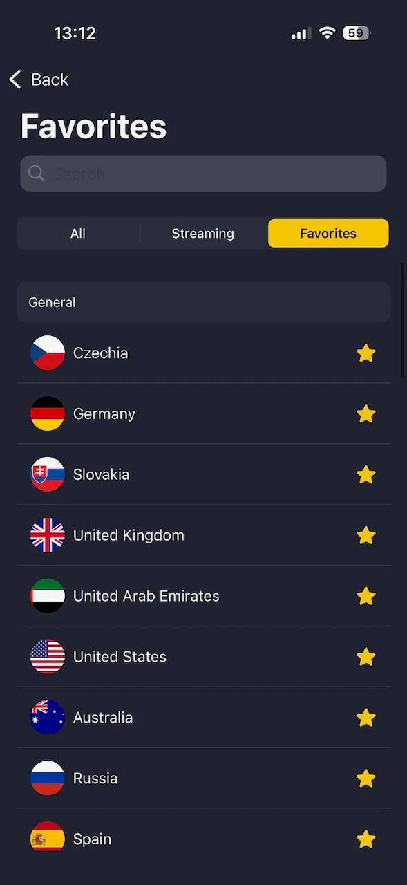 CyberGhost-iPhone-App mit Lieblingsländern für den schnellen Zugriff