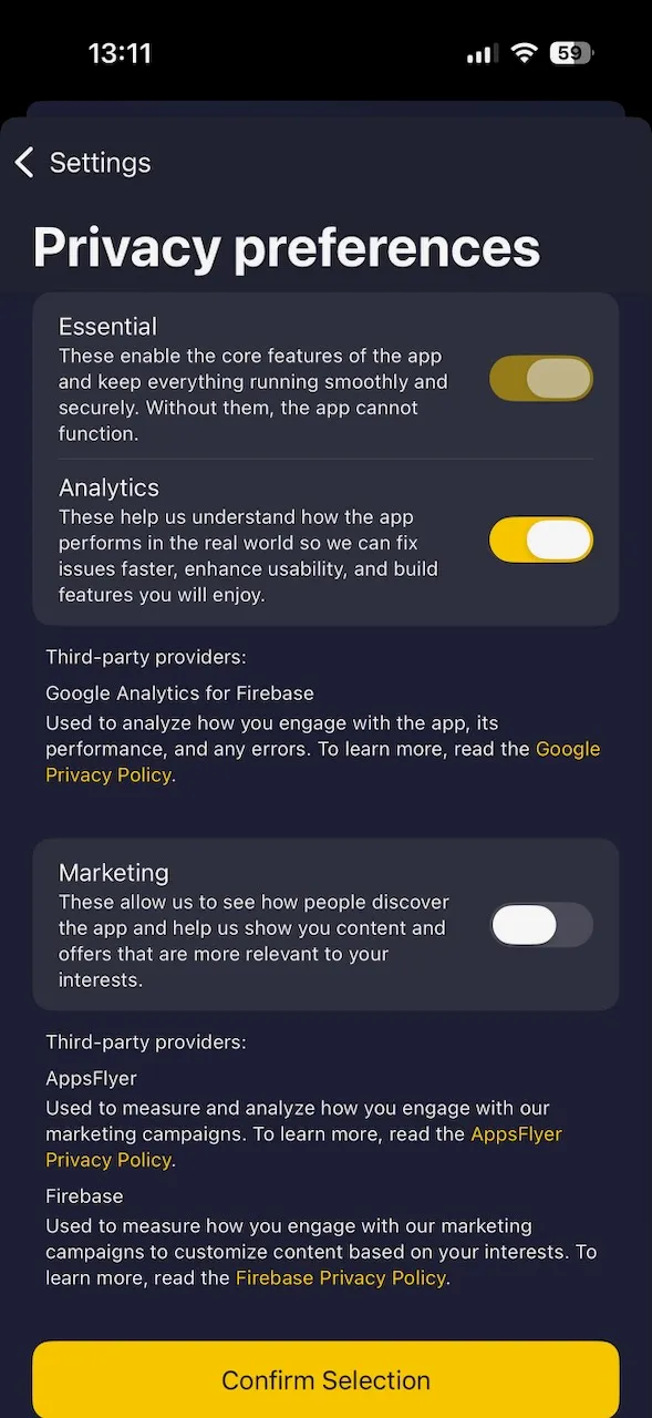 CyberGhost-iPhone-App mit den Datenschutzeinstellungen und Tracking-Kontrollen