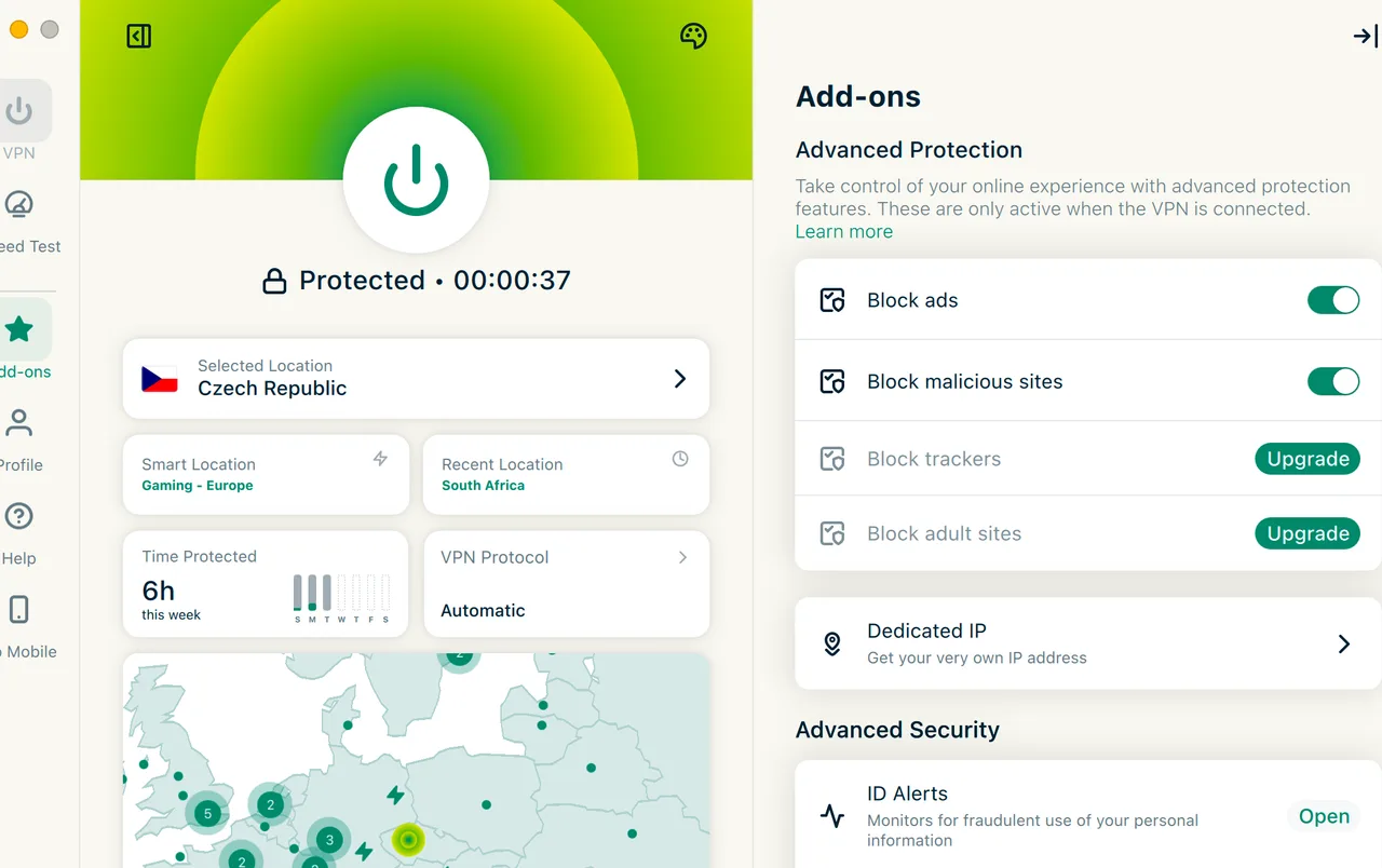 Doplňky Advanced Protection v aplikaci ExpressVPN pro Mac blokující reklamy a škodlivé weby