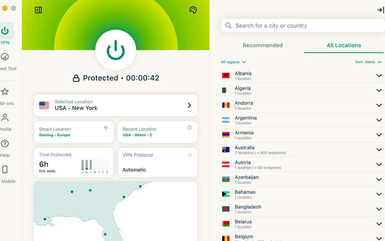 Úplný seznam poloh v aplikaci ExpressVPN pro Mac se všemi zeměmi seřazenými podle názvu