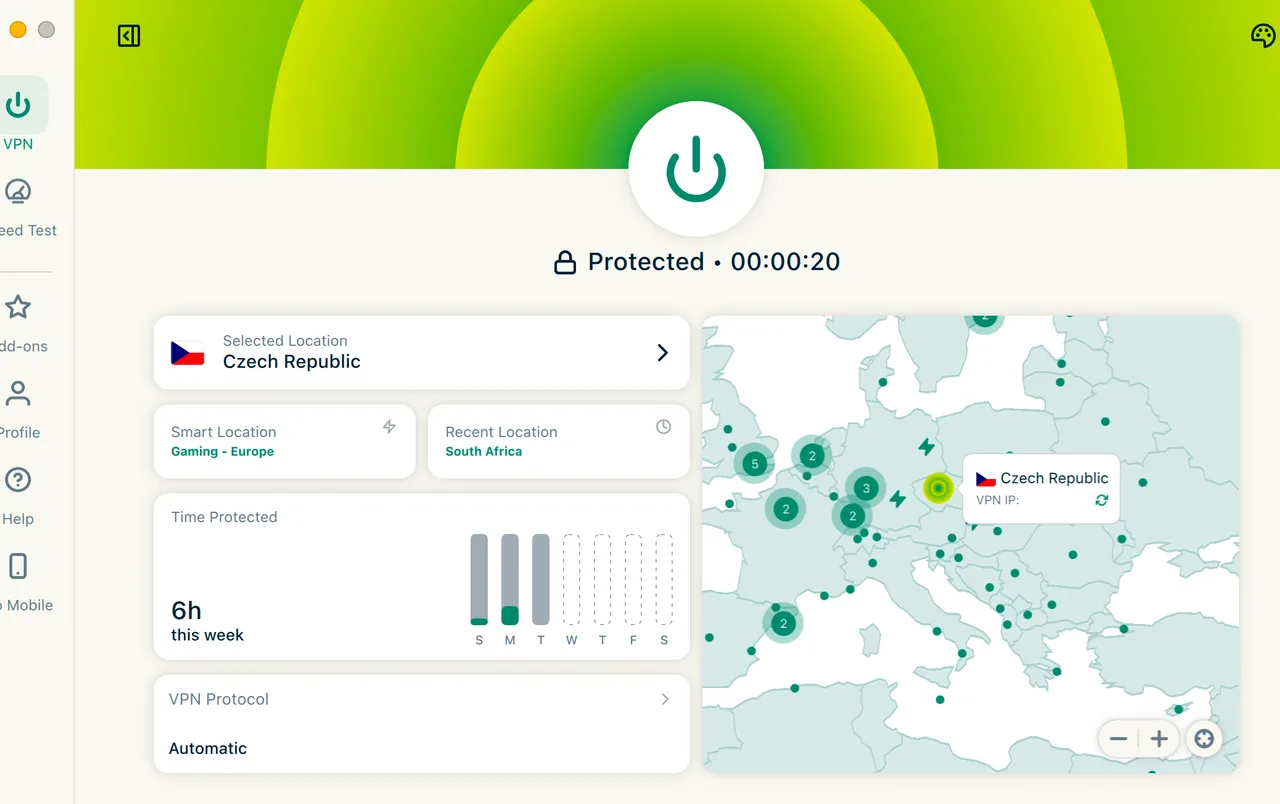 Aplikace ExpressVPN pro Mac připojená k serveru v Česku s evropskou mapou serverů