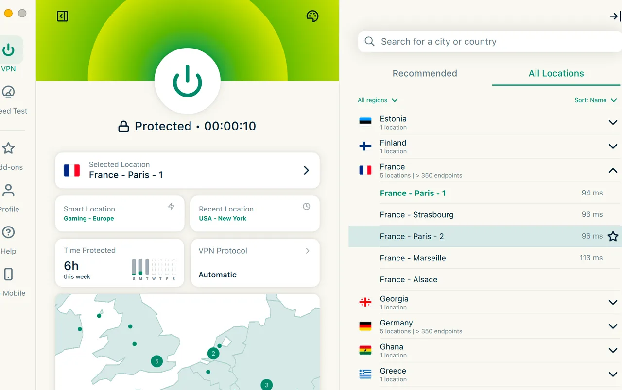 Aplikace ExpressVPN pro Mac připojená k Paříži ve Francii s otevřeným seznamem všech poloh