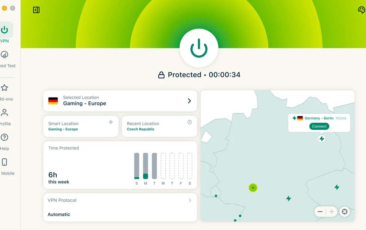 Aplikace ExpressVPN pro Mac připojená přes chytrou polohu Gaming - Europe k serveru v Německu