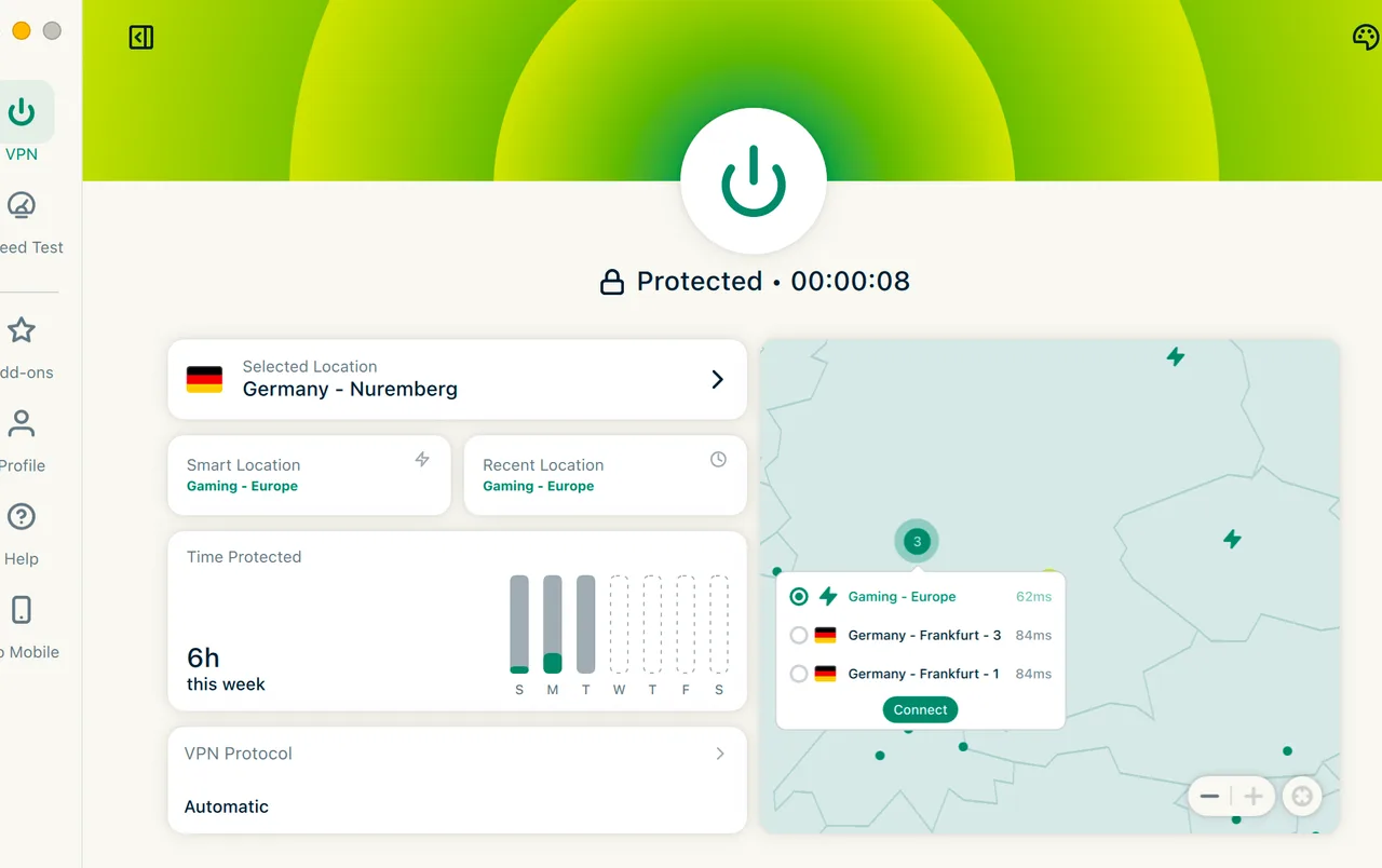 Aplikace ExpressVPN pro Mac připojená k serveru v Norimberku v Německu