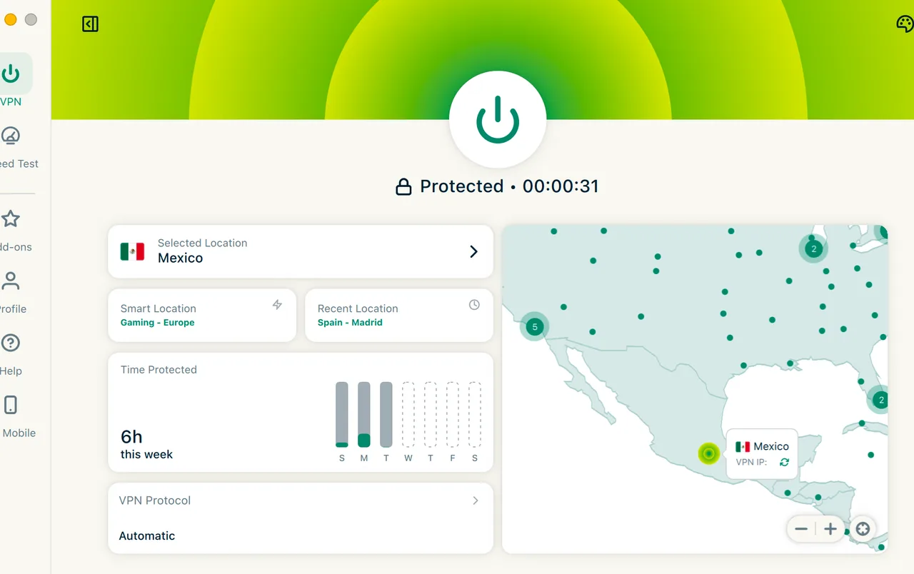 Aplikace ExpressVPN pro Mac připojená k serveru v Mexiku zobrazená na mapě