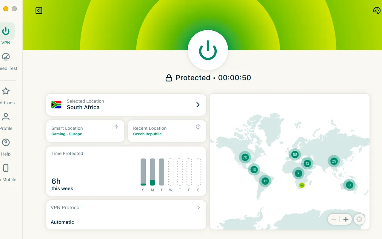 Aplikace ExpressVPN pro Mac připojená k Jižní Africe s celosvětovou mapou serverů
