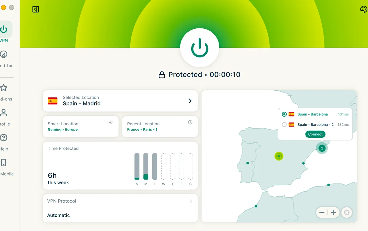 Aplikace ExpressVPN pro Mac připojená k serveru v Madridu ve Španělsku s Barcelonou poblíž na mapě