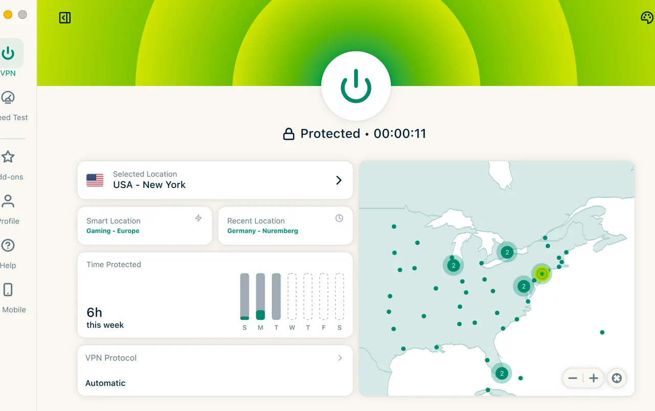 Aplikace ExpressVPN pro Mac připojená k serveru v New Yorku ve Spojených státech na mapě