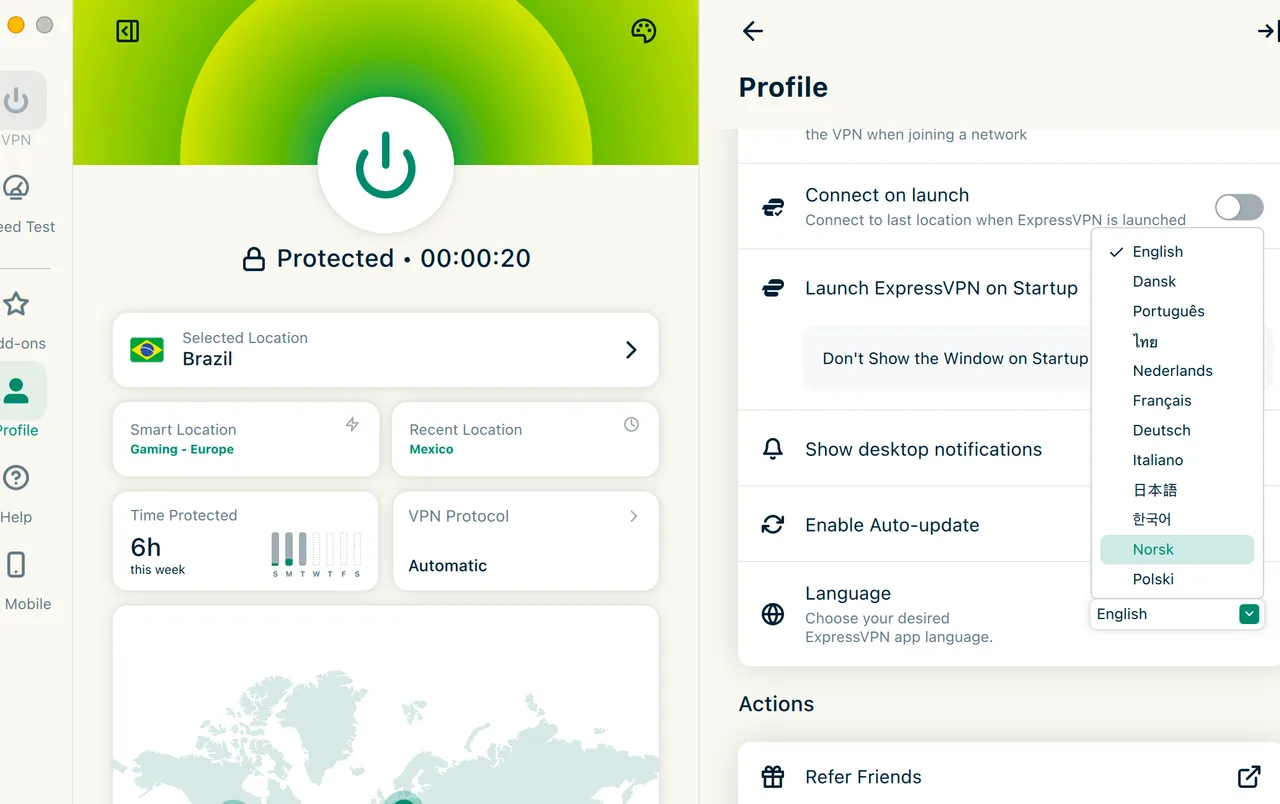 Nastavení jazyka v aplikaci ExpressVPN pro Mac nabízející aplikaci v mnoha jazycích