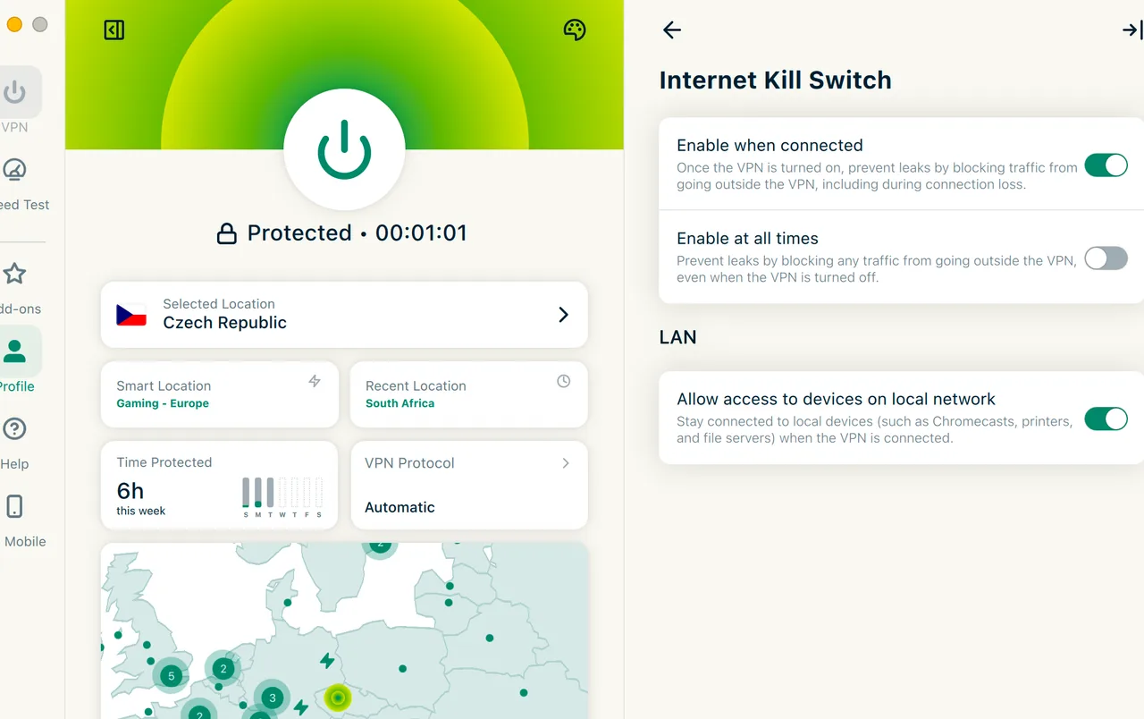 Funkce Network Lock v aplikaci ExpressVPN pro Mac blokující provoz při výpadku VPN (kill switch)