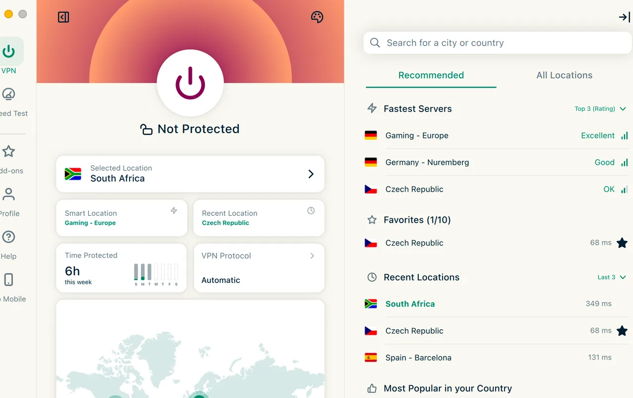 Doporučená záložka v aplikaci ExpressVPN pro Mac s nejrychlejšími servery, oblíbenými a nedávnými polohami