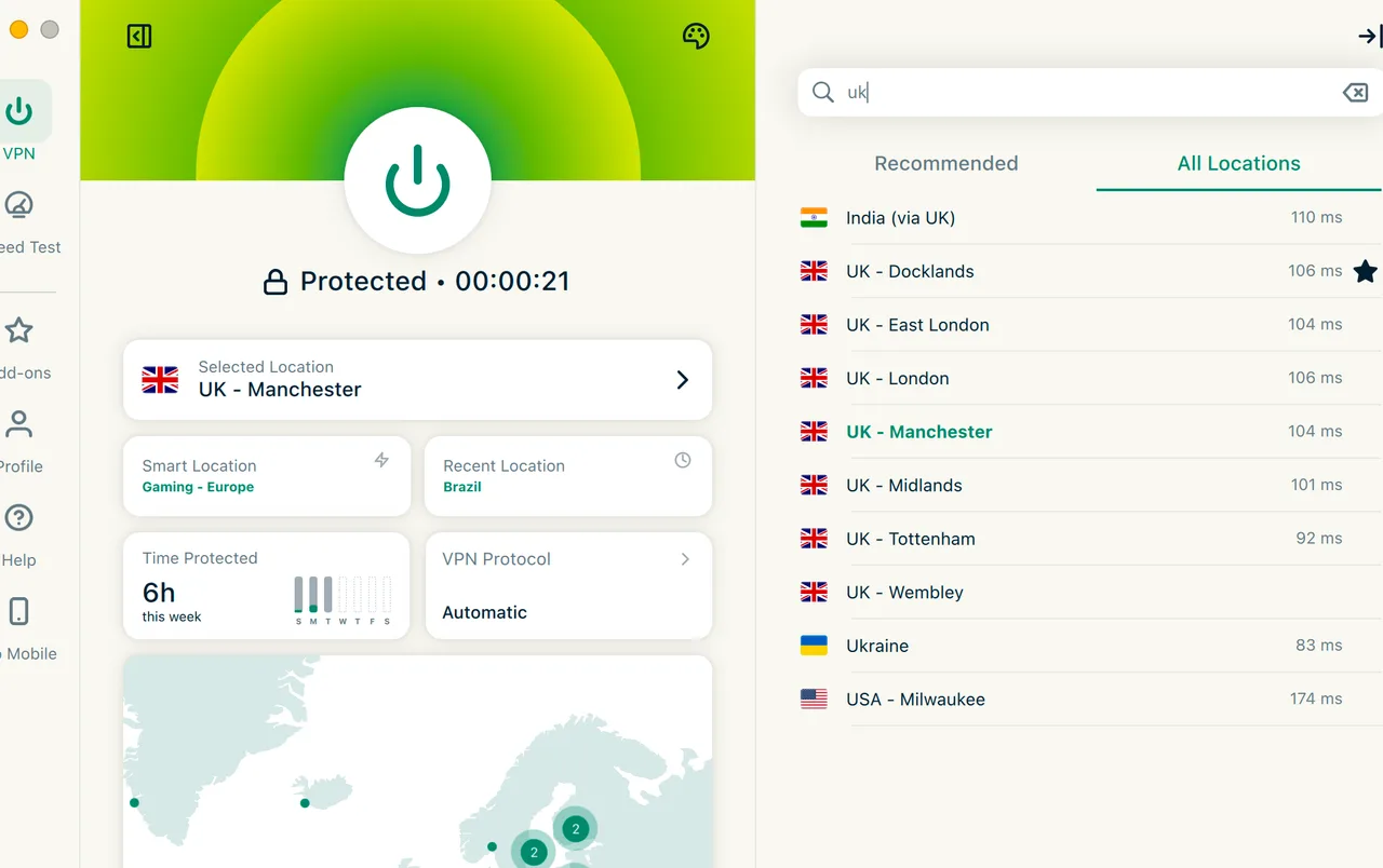Aplikace ExpressVPN pro Mac vyhledává britské servery s odezvou do Londýna a Manchesteru