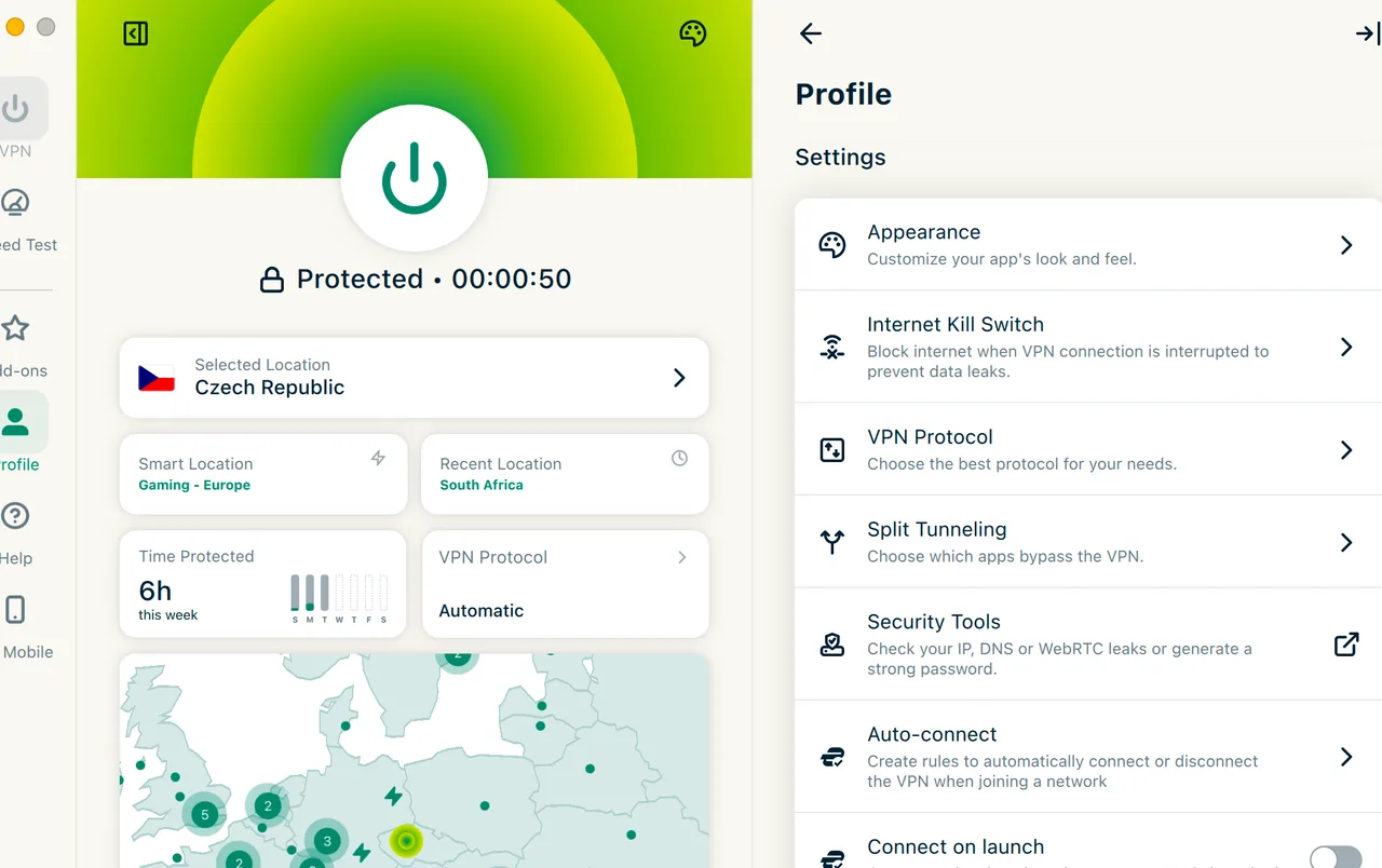 Přehled nastavení v aplikaci ExpressVPN pro Mac s kill switchem, protokolem a rozděleným tunelováním