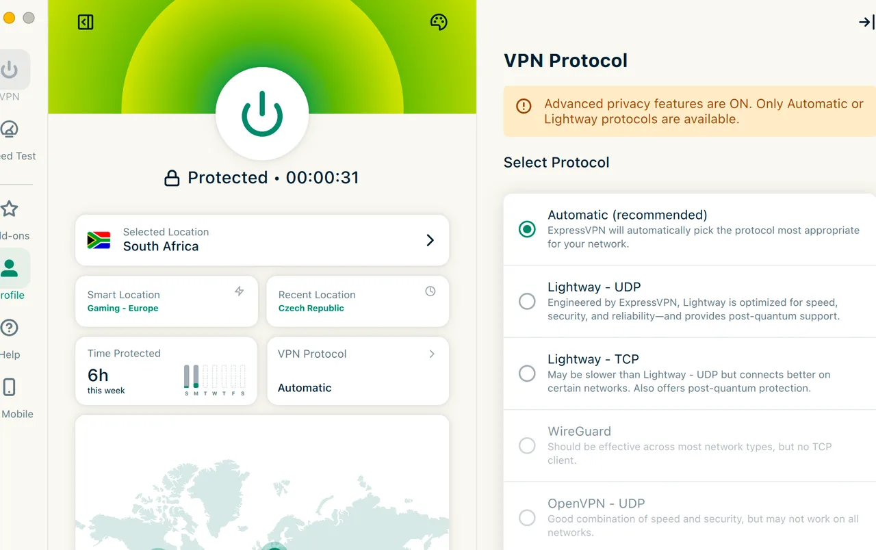 Nastavení protokolu v aplikaci ExpressVPN pro Mac s Lightway UDP a postkvantovou ochranou
