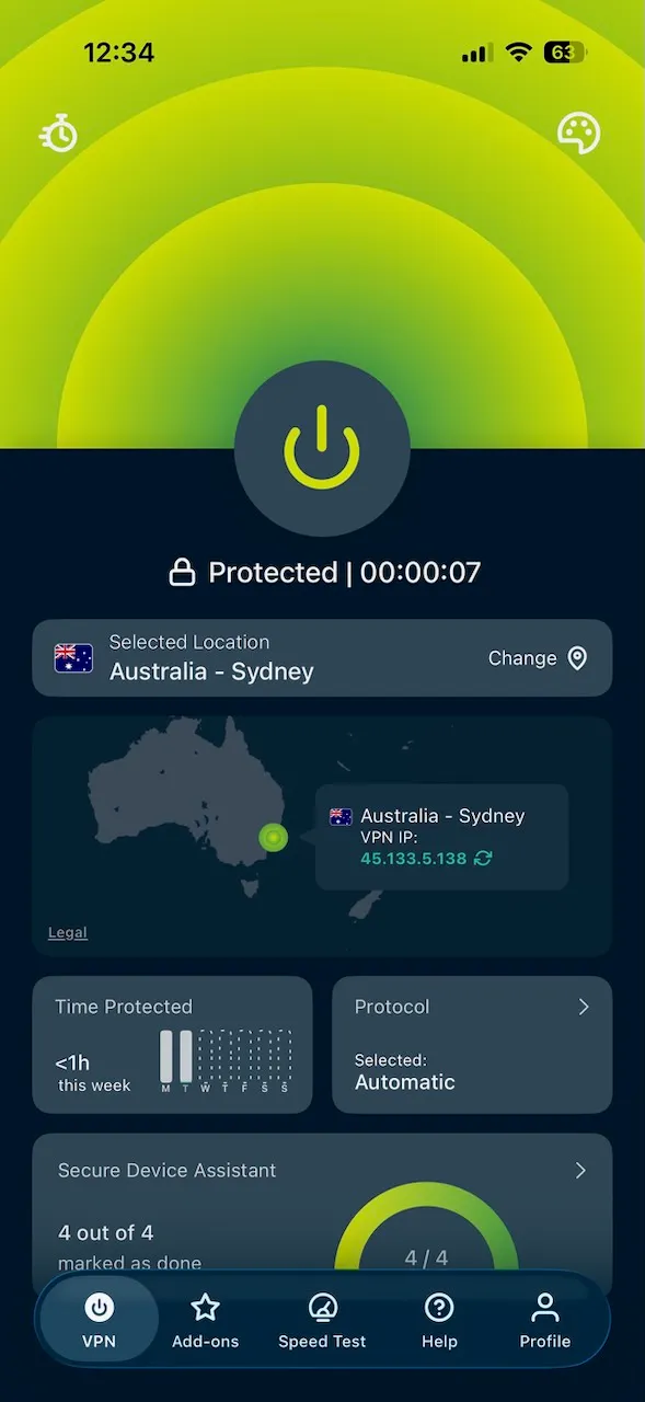 Aplikace ExpressVPN pro iPhone připojená k Sydney v Austrálii v tmavém režimu