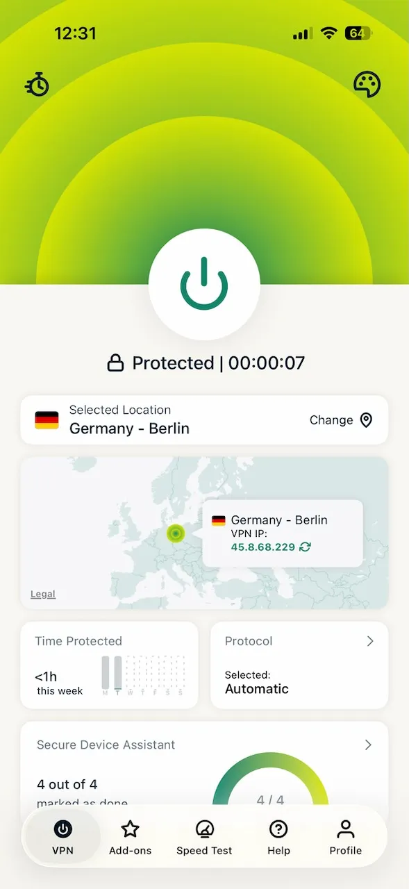 Aplikace ExpressVPN pro iPhone připojená k serveru v Berlíně v Německu