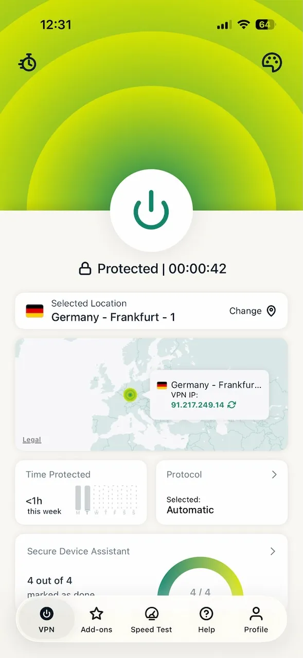 Aplikace ExpressVPN pro iPhone připojená k serveru ve Frankfurtu v Německu