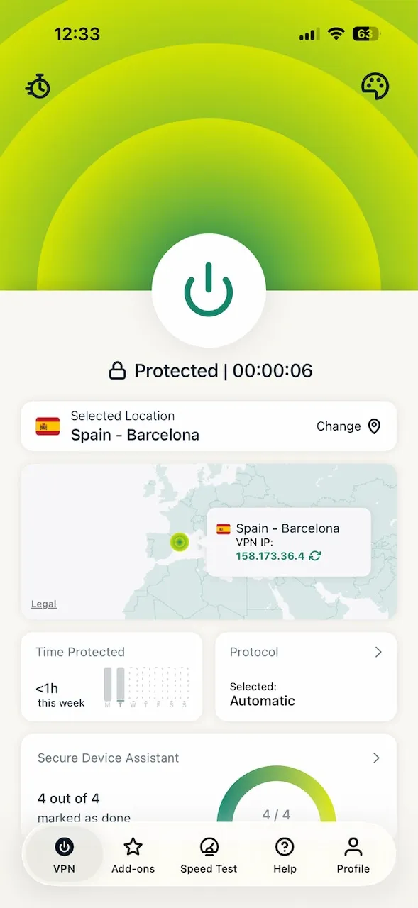Aplikace ExpressVPN pro iPhone připojená k serveru v Barceloně