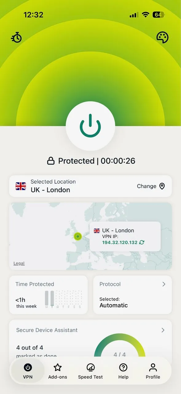Aplikace ExpressVPN pro iPhone připojená k serveru v Londýně ve Velké Británii