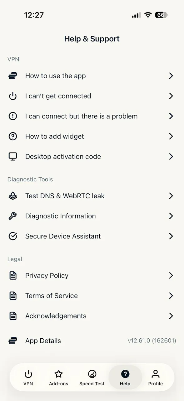 Nápověda a podpora v aplikaci ExpressVPN pro iPhone s návody a testem úniku DNS a WebRTC