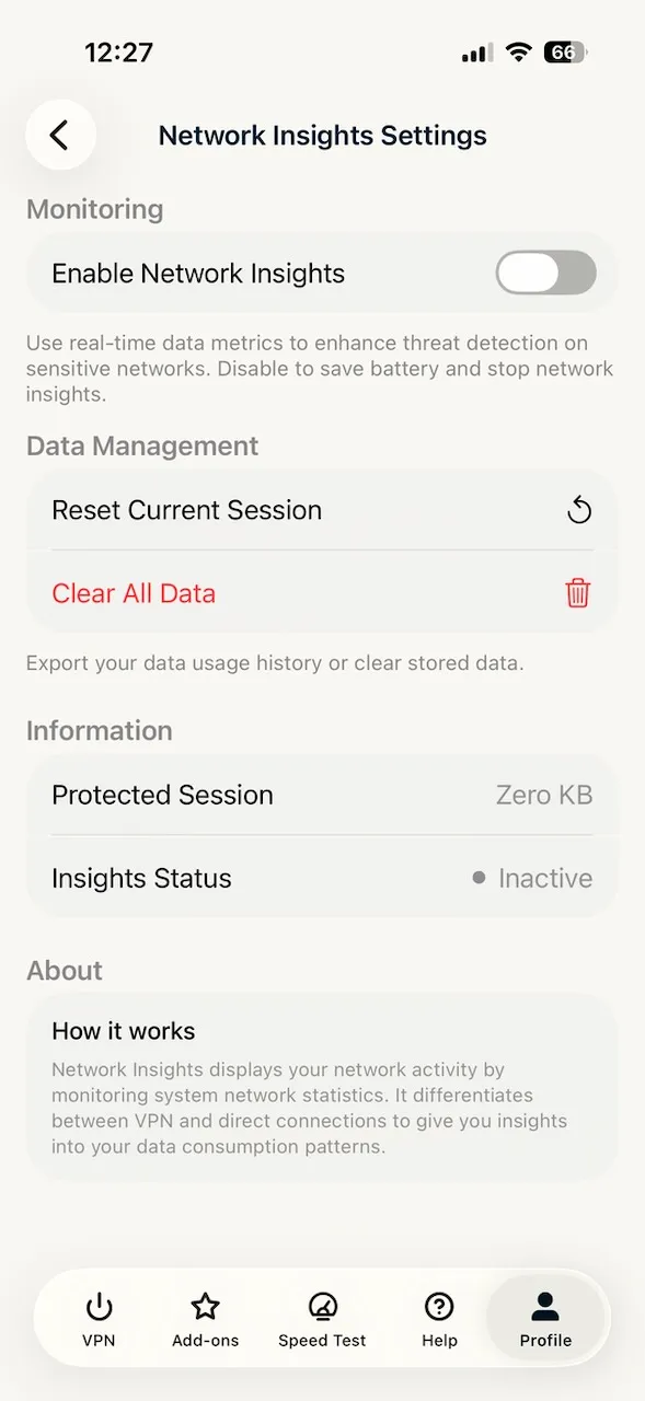 Funkce Network Insights v aplikaci ExpressVPN pro iPhone sledující síťový provoz kvůli hrozbám
