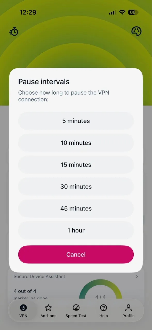 Nabídka pozastavení v aplikaci ExpressVPN pro iPhone pro pauzu VPN od pěti minut do jedné hodiny