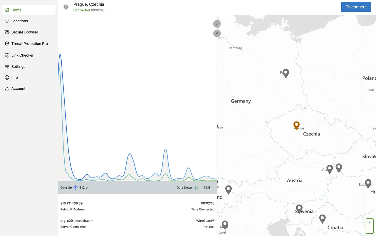 Aplikace IPVanish pro Mac připojená a zobrazená na mapě světa s grafem aktuálního přenosu